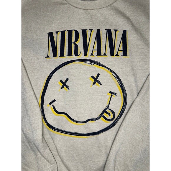 Nirvana Smiley Face Sweatshirt Medium Beige Band Logo Crewneck 2022 Licensed - Picture 2 of 6